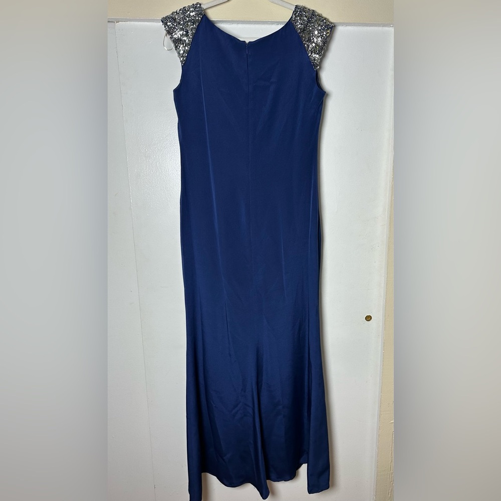 Marchesa Notte Blue Silk Evening Gown Beaded Shoulders V Neck Sleeveless 10 - Picture 3 of 13